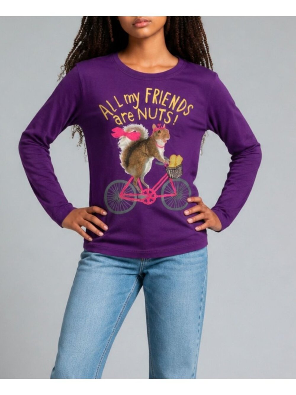 Hanes Girls Purple Long Sleeve Graphic Tee "All My Friends Are Nuts!" Squirrel P